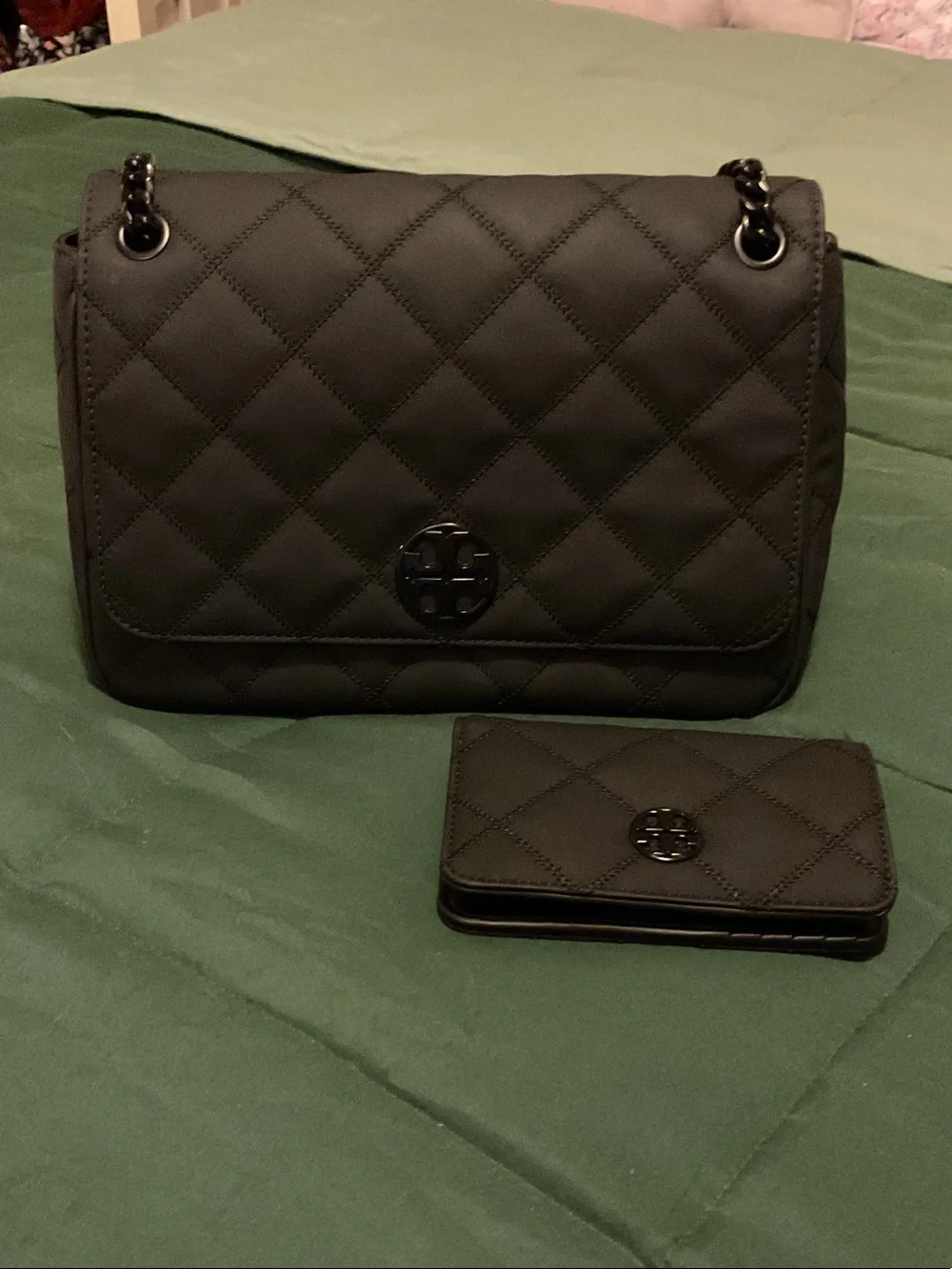 Tory Burch Black Quilted Flap Shoulder Bag with Matching Wallet